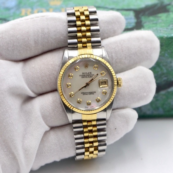 Men’s Rolex Oyster Watch with 10 Diamonds & White Face, Date, 18K Gold + Steel - Picture 2 of 16